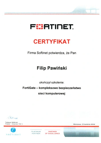 Certyfikat udziału w szkoleniu Fortinet FORTIGATE 1