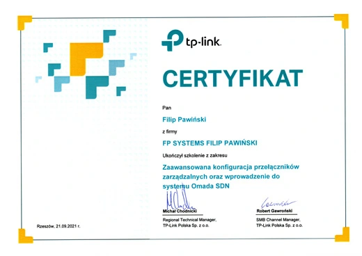 Certyfikat udziału w szkoleniu TP-LINK Omada